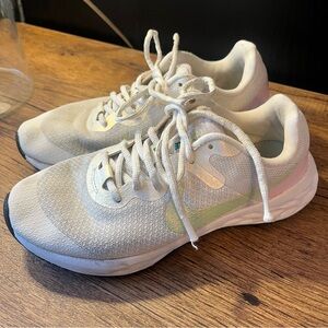 Big Girl’s Nike White, Light Green with Pink Running Gym Shoes/Sneakers